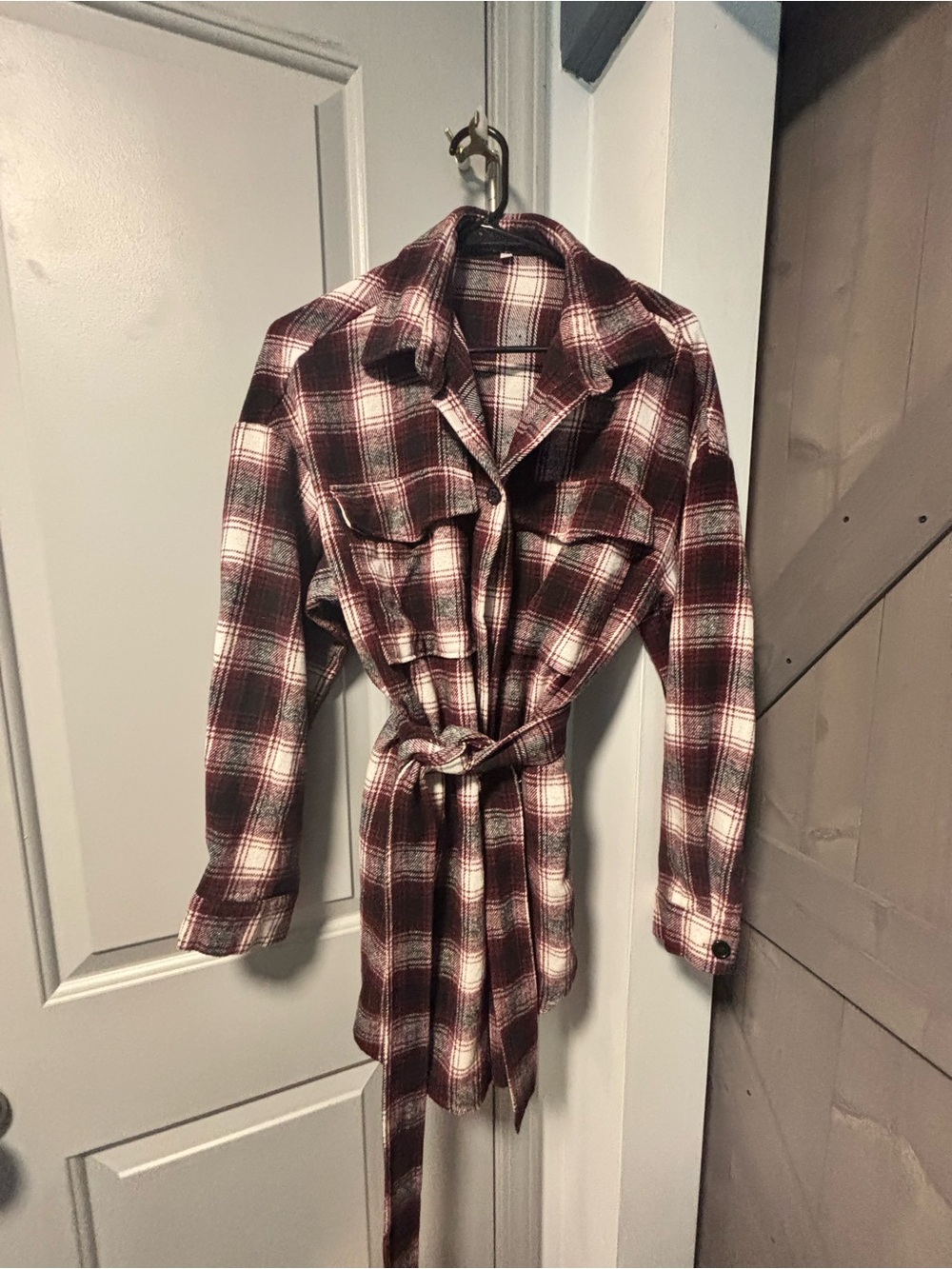 Belted Burgundy Plaid Shirt Jacket